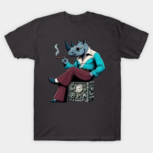 70s rhino Relaxing on steampunk Radio - Unique Digital Art T-Shirt